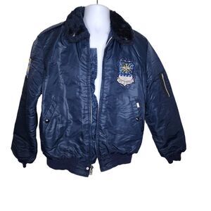 Vintage 70s Timber King Bomber Faux Fur Collar Jacket Mens Size M Navy Blue USAF